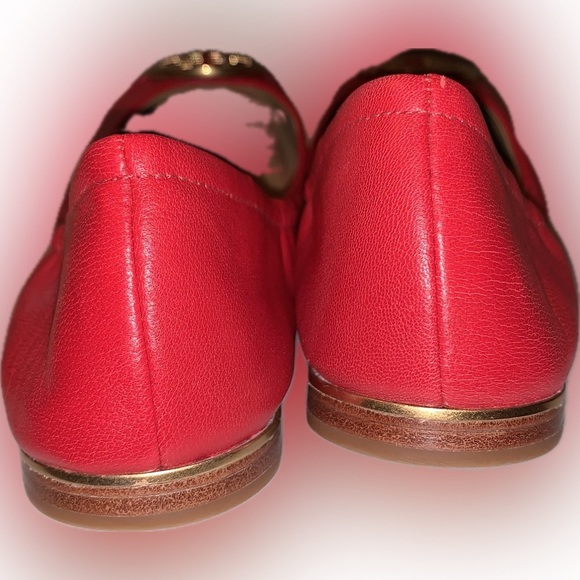 Tory Burch Minnie Toe Cap Red Azalea Pink Napa Leather Ballet Flats Gold Logo 6M - Picture 5 of 12